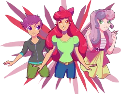 Size: 3300x2550 | Tagged: safe, artist:xxcommandershepardxx, banned from derpibooru, deleted from derpibooru, derpibooru import, apple bloom, scootaloo, sweetie belle, human, equestria girls, belt, bow, clothes, cutie mark crusaders, denim, female, hair bow, human coloration, humanized, looking at you, shirt, short pants, shorts, simple background, skirt, smiling, sweater, transparent background, trio