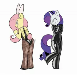 Size: 3020x2939 | Tagged: suggestive, artist:belaboy, banned from derpibooru, deleted from derpibooru, derpibooru import, fluttershy, rarity, anthro, unguligrade anthro, anatomically incorrect, bunny suit, clothes, eyes closed, female, females only, grin, hypnosis, incorrect arm anatomy, incorrect leg anatomy, latex, latex suit, simple background, smiling, swirly eyes, white background