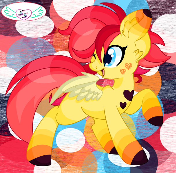 Size: 1024x1007 | Tagged: safe, artist:seraphimstardust, artist:silent-shadow-wolf, banned from derpibooru, deleted from derpibooru, derpibooru import, oc, oc:candy hearts, unofficial characters only, pegasus, pony, base used, female, mare, one eye closed, raised hoof, solo, wink