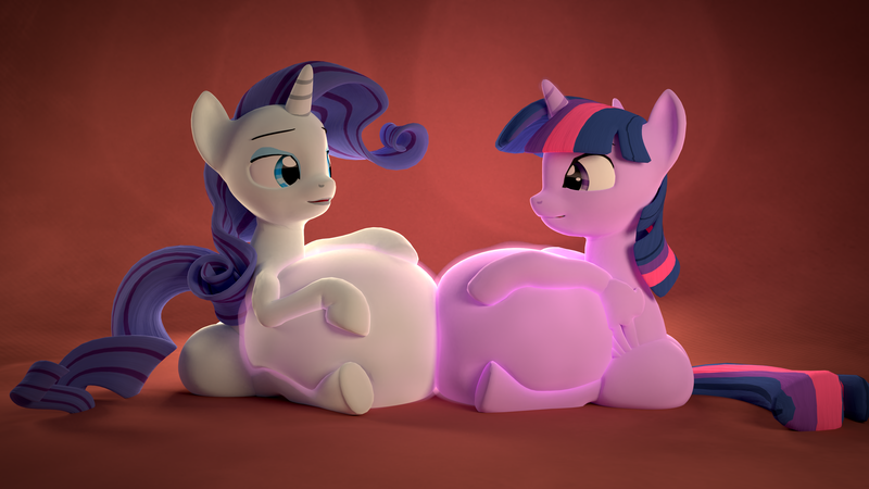 Size: 3840x2160 | Tagged: questionable, artist:kurro, banned from derpibooru, deleted from derpibooru, derpibooru import, rarity, twilight sparkle, alicorn, 3d, abstract background, belly, big belly, blender, butt, butt expansion, duo, duo female, female, growth, huge belly, impossibly large belly, inflation, large butt, looking at each other, magic, magic inflation, missing cutie mark, plot, squishy, twilight sparkle (alicorn)