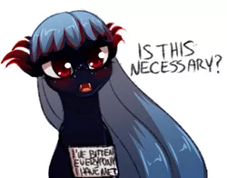 Size: 1350x1061 | Tagged: safe, artist:verawitch, banned from derpibooru, deleted from derpibooru, derpibooru import, oc, oc:luminous gloom, unofficial characters only, pony, blushing, dialogue, fangs, female, mare, pony shaming, pure unfiltered evil, shaming, sign, simple background, solo