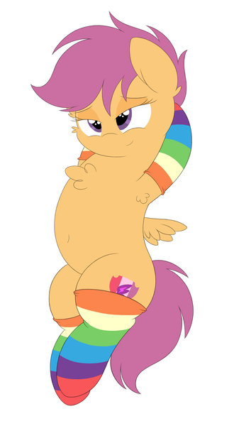 Size: 1162x2112 | Tagged: safe, artist:onlytheponies, banned from derpibooru, deleted from derpibooru, derpibooru import, scootaloo, armpits, belly button, biologically justified underarm fluff, chest fluff, clothes, cutie mark, lidded eyes, older, rainbow socks, simple background, socks, solo, striped socks, the cmc's cutie marks, white background