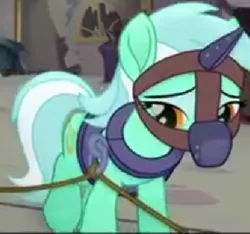 Size: 423x396 | Tagged: safe, banned from derpibooru, deleted from derpibooru, derpibooru import, screencap, lyra heartstrings, my little pony: the movie, leak, bondage, bridle, collar, cropped, gag, harness, horn, horn cap, magic suppression, muzzle gag, sad, slave, slavery, tack, unsexy bondage