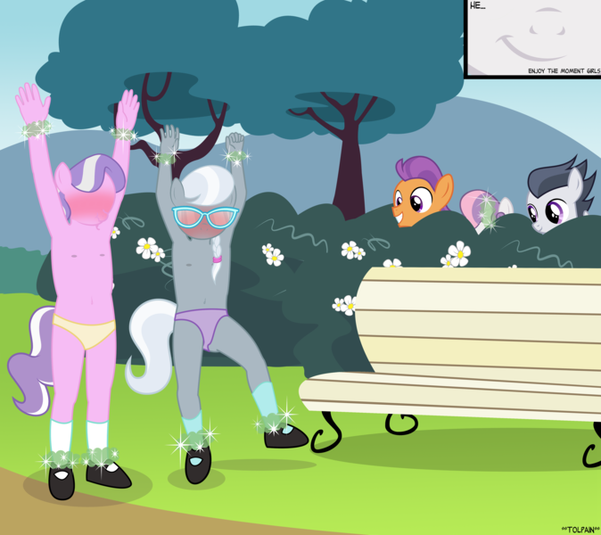 Size: 4075x3625 | Tagged: questionable, artist:tolpain, banned from derpibooru, deleted from derpibooru, derpibooru import, diamond tiara, rumble, silver spoon, sweetie belle, tender taps, anthro, clothes, embarrassed, embarrassed nude exposure, embarrassed underwear exposure, female, female focus, image, lolicon, magic, magical binding, nudity, panties, png, purple underwear, solo focus, underage, underwear, yellow underwear