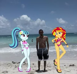 Size: 912x875 | Tagged: safe, banned from derpibooru, deleted from derpibooru, derpibooru import, sonata dusk, sunset shimmer, human, equestria girls, beach, bikini, clothes, forever alone, irl, irl human, irl self-insert, meme, photo, swimsuit