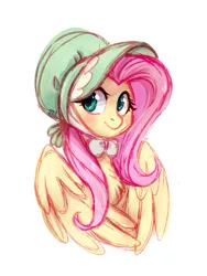Size: 678x900 | Tagged: safe, artist:jumblehorse, banned from derpibooru, deleted from derpibooru, derpibooru import, fluttershy, pegasus, pony, blushing, bonnet, bust, chest fluff, clothes, cute, female, mare, portrait, shyabetes, simple background, smiling, solo, white background