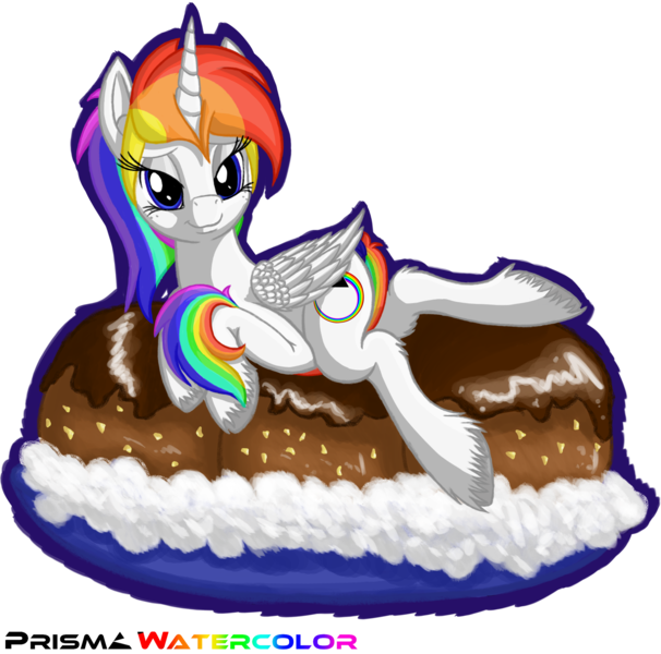 Size: 2070x2051 | Tagged: safe, artist:prismawatercolor, banned from derpibooru, deleted from derpibooru, derpibooru import, oc, oc:prisma watercolor, unofficial characters only, alicorn, alicorn oc, chocolate, cute, draw me like one of your french girls, food, freckles, horn, ice cream, lying down, multicolored hair, ponytail, rainbow hair, solo, unshorn fetlocks, whipped cream, wings