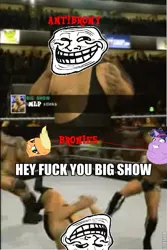 Size: 470x703 | Tagged: safe, banned from derpibooru, deleted from derpibooru, derpibooru import, edit, applejack, twilight sparkle, bad photomanip, blurry, brony, caption, cody rhodes, fight, image macro, low quality, lowres, meme, photoshop, randy orton, text, troll, trollface, vulgar, wtf, wwe