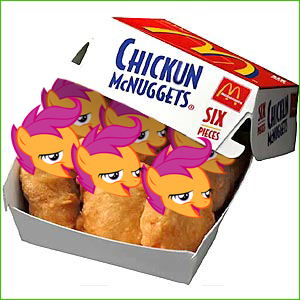 Size: 300x300 | Tagged: safe, banned from derpibooru, deleted from derpibooru, derpibooru import, scootaloo, bird, chicken, derpibooru, chicken meat, chicken nugget, chickun, derpibooru badge, exploitable meme, faic, food, forced meme, image, ipad, jpeg, mcdonald's, meat, meme, meta, ni hao kai lan badge, solo, yee, yee yee yee yee yee yee