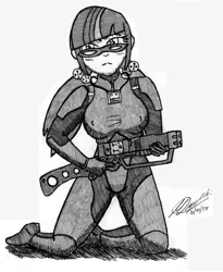 Size: 2350x2862 | Tagged: suggestive, artist:atisuto17, banned from derpibooru, deleted from derpibooru, derpibooru import, juniper montage, human, equestria girls, black and white, breasts, busty juniper montage, chinese stealth armor, crossover, energy weapon, erect nipples, fallout, fallout: new vegas, female, glasses, grayscale, laser rifle, monochrome, nipple outline, stealth suit, traditional art, weapon