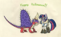 Size: 2137x1328 | Tagged: safe, artist:smcho1014, banned from derpibooru, deleted from derpibooru, derpibooru import, twilight sparkle, oc, oc:wild sketchy, dimetrodon, pony, clothes, colored pencil drawing, costume, duo, female, halloween, halloween costume, holiday, male, mare, mei, overwatch, traditional art