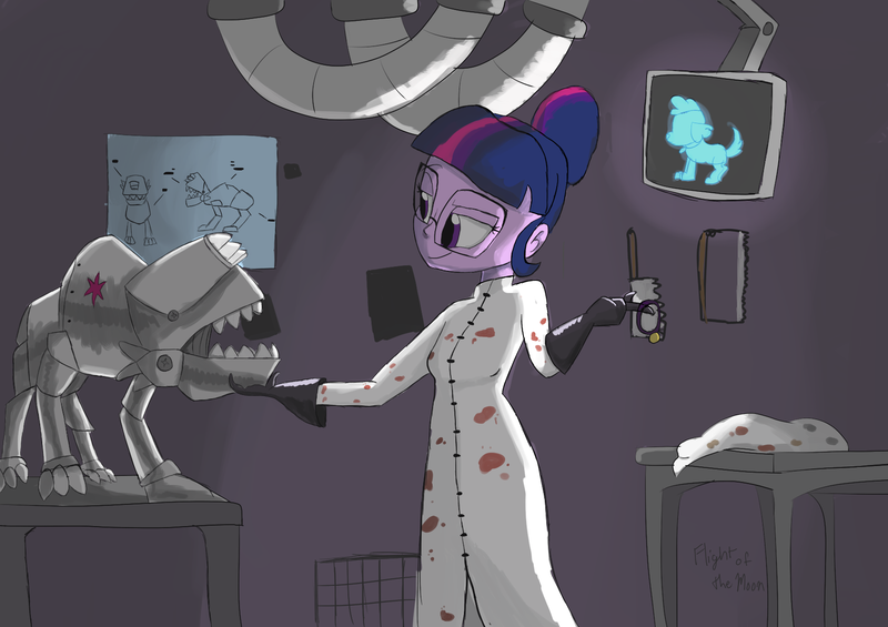 Size: 1700x1200 | Tagged: grimdark, artist:flight-of-the-moon, banned from derpibooru, deleted from derpibooru, derpibooru import, sci-twi, spike, spike the regular dog, twilight sparkle, dog, robot, equestria girls, blood, blood stains, breasts, clothes, dissection, equestrian city, gloves, implied death, implied murder, lab coat, laboratory, what has science done, wolfenstein, wolfenstein the new order