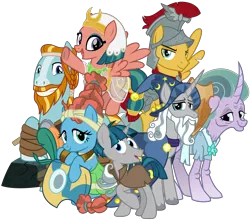 Size: 4100x3600 | Tagged: safe, artist:cheezedoodle96, banned from derpibooru, deleted from derpibooru, derpibooru import, flash magnus, meadowbrook, mistmane, rockhoof, somnambula, star swirl the bearded, stygian, earth pony, pegasus, pony, unicorn, shadow play, .svg available, female, group shot, healer's mask, looking at you, male, mare, mask, netitus, pillars of equestria, rockhoof's shovel, shield, shovel, simple background, stallion, svg, transparent background, vector