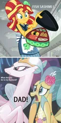 Size: 778x1569 | Tagged: semi-grimdark, banned from derpibooru, deleted from derpibooru, derpibooru import, edit, edited screencap, screencap, princess skystar, queen novo, sunset shimmer, seapony (g4), eqg summertime shorts, equestria girls, good vibes, my little pony: the movie, food, sushi