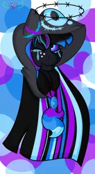 Size: 1024x1863 | Tagged: safe, artist:seraphimstardust, banned from derpibooru, deleted from derpibooru, derpibooru import, oc, unofficial characters only, pony, bust, female, hood, mare, one eye closed, portrait, solo, wink