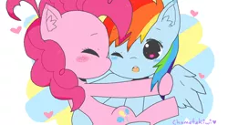 Size: 1460x800 | Tagged: safe, artist:chametzkiwi, banned from derpibooru, deleted from derpibooru, derpibooru import, pinkie pie, rainbow dash, duo, female, hug, kissing, lesbian, pinkiedash, shipping