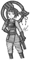 Size: 2304x4584 | Tagged: safe, artist:atisuto17, banned from derpibooru, deleted from derpibooru, derpibooru import, sunny flare, equestria girls, blaster rifle, droid, ea games, female, grayscale, imperial droid, inferno squad, monochrome, solo, star wars, star wars battlefront, star wars battlefront 2, traditional art, video game