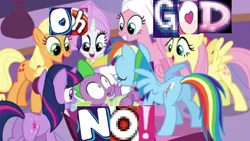 Size: 1280x720 | Tagged: safe, artist:slickdoodleguy, banned from derpibooru, deleted from derpibooru, derpibooru import, edit, edited screencap, screencap, applejack, fluttershy, pinkie pie, rainbow dash, rarity, spike, twilight sparkle, dragon, ponyville confidential, applespike, caption, death by snu snu, expand dong, exploitable meme, faic, female, flutterspike, funny, image macro, implied sex, male, mane seven, mane six, meme, no, oh god, oh god no, pinkiespike, rainbowspike, shipping, sparity, spike gets all the mares, straight, text, twispike