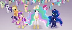 Size: 3840x1608 | Tagged: safe, banned from derpibooru, deleted from derpibooru, derpibooru import, screencap, applejack, daisy, flower wishes, fluttershy, linky, pinkie pie, princess cadance, princess celestia, princess luna, rainbow dash, rarity, shoeshine, spike, twilight sparkle, twilight sparkle (alicorn), unnamed character, unnamed pony, alicorn, dragon, earth pony, pegasus, pony, unicorn, my little pony: the movie, leak, absurd resolution, alicorn tetrarchy, background pony, canterlot, canterlot castle, crowd, everypony, glow, glowing mane, invasion, mane seven, mane six, serious, serious face, so much pony