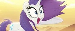 Size: 3840x1608 | Tagged: safe, banned from derpibooru, deleted from derpibooru, derpibooru import, screencap, rarity, pony, unicorn, my little pony: the movie, leak, absurd resolution, bags under eyes, bone dry desert, desert, happy, messy hair, messy mane, sand, solo, tired