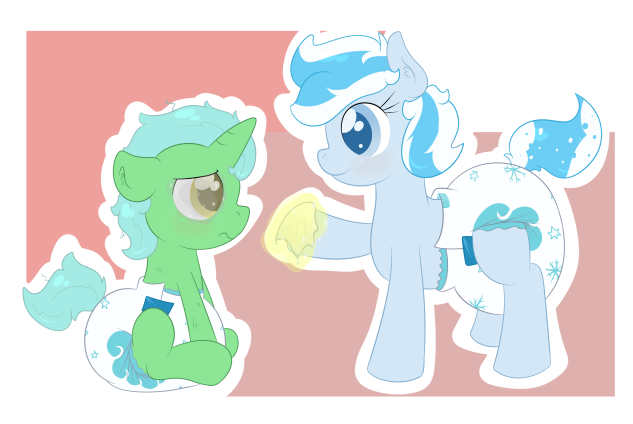 Size: 633x424 | Tagged: questionable, artist:vitriolink, banned from derpibooru, deleted from derpibooru, derpibooru import, oc, oc:deep injection, oc:snow frost, unofficial characters only, crossover, diaper, foal, glowing eyes, simple background, wet paper