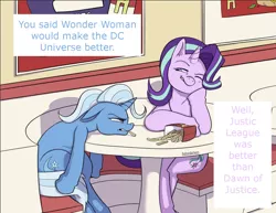 Size: 1280x990 | Tagged: safe, artist:theboxduchess, banned from derpibooru, deleted from derpibooru, derpibooru import, edit, starlight glimmer, trixie, pony, unicorn, annoyed, date, dc universe, disappointed, discussion, duo, fast food, fastfood restaurant, female, food, french fries, lesbian, meme, restaurant, semantics, shipping, sitting, smiling, smirk, startrix, table