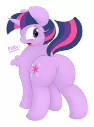 Size: 1494x2012 | Tagged: suggestive, artist:onlytheponies, banned from derpibooru, deleted from derpibooru, derpibooru import, twilight sparkle, butt, chest fluff, dialogue, dock, featureless crotch, pervert, plot, simple background, solo, the ass was fat, thick, twibutt, white background