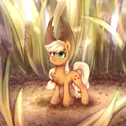 Size: 975x975 | Tagged: safe, artist:jumblehorse, banned from derpibooru, deleted from derpibooru, derpibooru import, applejack, earth pony, pony, applejack's hat, appletini, chest fluff, cowboy hat, female, freckles, grass, hat, mare, micro, smiling, solo, stag beetle, unshorn fetlocks