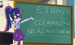 Size: 1460x865 | Tagged: safe, banned from derpibooru, deleted from derpibooru, derpibooru import, sci-twi, twilight sparkle, chalkboard, meme, twilight sparkle's chalkboard