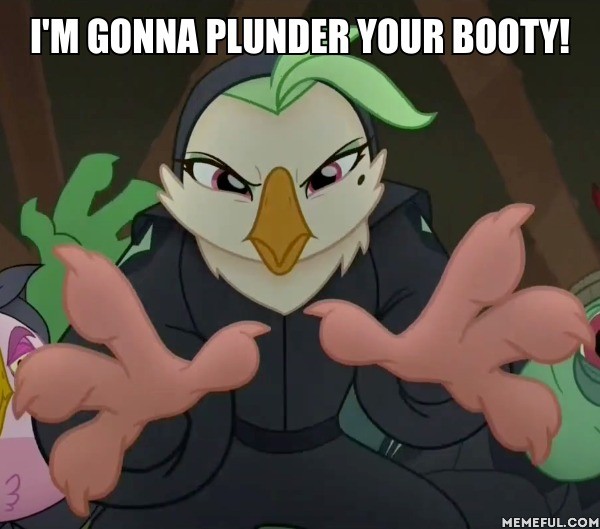 Size: 600x529 | Tagged: suggestive, banned from derpibooru, deleted from derpibooru, derpibooru import, edit, edited screencap, screencap, captain celaeno, my little pony: the movie, caption, clothes, image macro, meme, storm king's messenger outfit, text