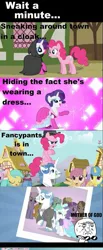 Size: 397x960 | Tagged: safe, banned from derpibooru, deleted from derpibooru, derpibooru import, screencap, fancypants, pinkie pie, rarity, too many pinkie pies, female, implied shipping, male, meta, raripants, shipping, straight