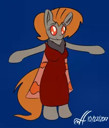 Size: 600x700 | Tagged: safe, artist:xwoofyhoundx, banned from derpibooru, deleted from derpibooru, derpibooru import, oc, oc:snoot, unofficial characters only, anthro, insect, moth, mothpony, original species, antennae, breasts, bug eyes, chestbreasts, clothes, dress, female, monster mare, red dress, solo, standing