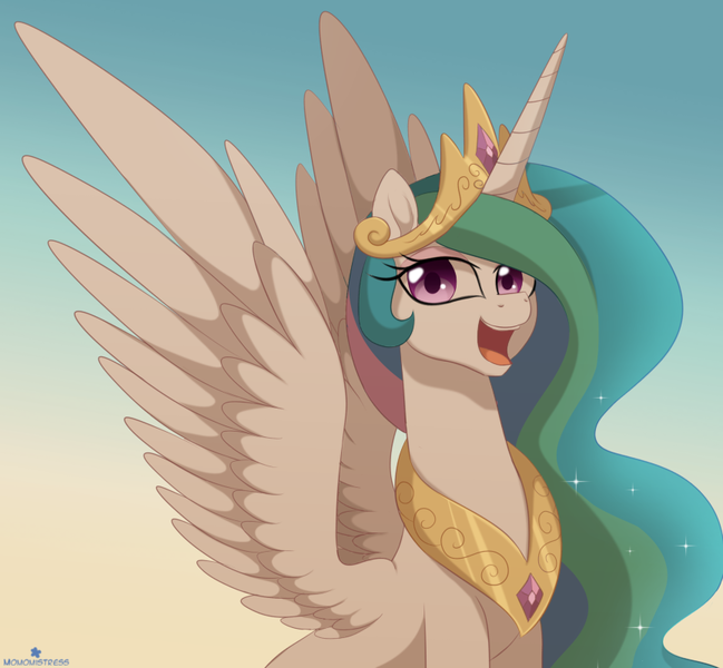 Size: 865x800 | Tagged: dead source, safe, artist:verawitch, banned from derpibooru, deleted from derpibooru, derpibooru import, princess celestia, alicorn, pony, :d, beautiful, cute, cutelestia, female, gradient background, happy, jewelry, looking at you, mare, open mouth, regalia, sitting, smiling, solo, spread wings, wings