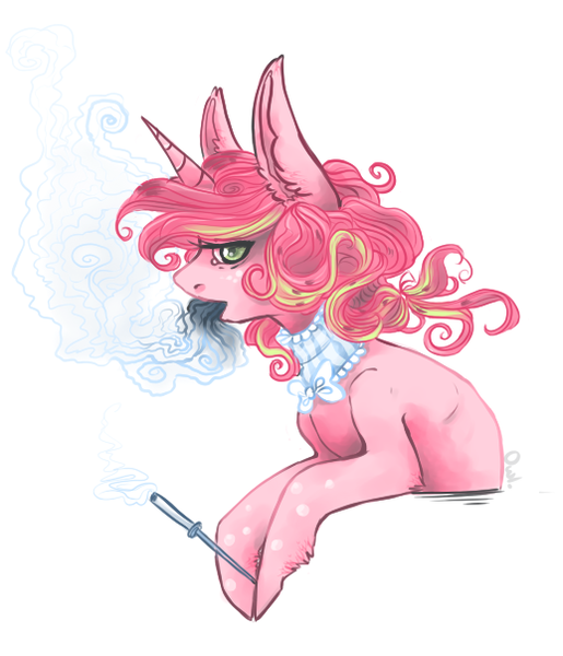 Size: 518x603 | Tagged: safe, artist:morkemime, banned from derpibooru, deleted from derpibooru, derpibooru import, oc, oc:strawberry lemonade, unofficial characters only, unicorn, bowtie, cigarette holder, ruffle collar, smoking, solo