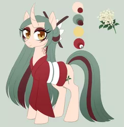 Size: 2128x2192 | Tagged: safe, artist:verawitch, banned from derpibooru, deleted from derpibooru, derpibooru import, oc, oc:elderflower, unofficial characters only, pony, unicorn, clothes, colored pupils, curved horn, female, horn, looking at you, mare, reference sheet, solo