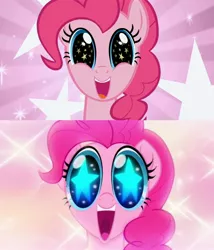Size: 2136x2500 | Tagged: safe, banned from derpibooru, deleted from derpibooru, derpibooru import, screencap, pinkie pie, my little pony: the movie, the ticket master, art evolution, comparison, cute, diapinkes, screenshots, solo, starry eyes, wingding eyes
