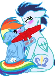 Size: 343x485 | Tagged: safe, artist:vallary-rainbow, banned from derpibooru, deleted from derpibooru, derpibooru import, rainbow dash, soarin', pegasus, pony, blushing, clothes, face to face, female, floppy ears, get along shirt, implied rarity, male, mare, scarf, shared clothing, shared scarf, shipping, simple background, sitting, soarindash, stallion, straight, white background