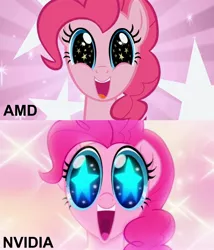 Size: 2136x2500 | Tagged: safe, banned from derpibooru, deleted from derpibooru, derpibooru import, edit, screencap, pinkie pie, my little pony: the movie, the ticket master, amd, art evolution, comparison, cute, diapinkes, meme, nvidia, pc master race, screenshots, solo, starry eyes, text edit, video card, wingding eyes