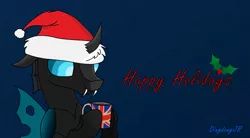 Size: 3063x1689 | Tagged: safe, artist:dingdongjr, banned from derpibooru, deleted from derpibooru, derpibooru import, oc, oc:alibi, unofficial characters only, changeling, british, christmas, food, hat, holiday, holly, santa hat, solo, tea