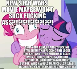 Size: 1000x898 | Tagged: suggestive, banned from derpibooru, deleted from derpibooru, derpibooru import, pinkie pie, twilight sparkle, 20th century fox, caption, cool, female, funny, hilarious, image macro, interesting, lesbian, meme, shipping, star wars, star wars: the last jedi, star was, text, the last jedi, true, twinkie, weird