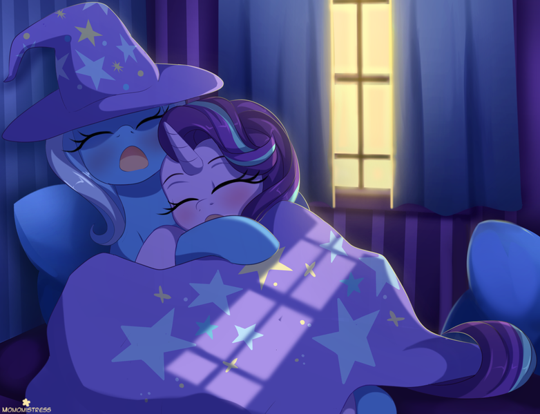 Size: 1300x997 | Tagged: safe, artist:verawitch, banned from derpibooru, deleted from derpibooru, derpibooru import, starlight glimmer, trixie, pony, unicorn, clothes, cuddling, cute, diatrixes, female, glimmerbetes, hat, lesbian, mare, shipping, sleeping, startrix, trixie's hat