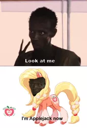 Size: 684x1000 | Tagged: safe, banned from derpibooru, deleted from derpibooru, derpibooru import, applejack, leak, captain phillips, cute, look at me now, meme