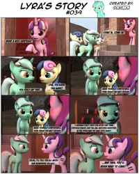 Size: 3928x4908 | Tagged: safe, artist:goatcanon, banned from derpibooru, deleted from derpibooru, derpibooru import, bacon braids, bon bon, lyra heartstrings, party favor, starlight glimmer, sweetie drops, comic:lyra's story, 3d, boop, comic, dialogue, equal cutie mark, equal town, noseboop, nose wrinkle, source filmmaker, starlight's village, text