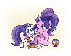 Size: 840x665 | Tagged: safe, artist:jumblehorse, banned from derpibooru, deleted from derpibooru, derpibooru import, cookie crumbles, rarity, pony, unicorn, 30 minute art challenge, bow, cookie, cute, eating, female, filly, filly rarity, food, glass of milk, ice tea, mare, milk and cookies, mother and child, mother and daughter, raribetes, simple background, tongue out, younger