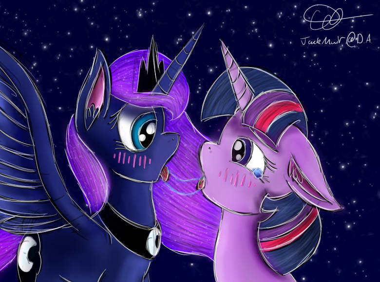 Size: 780x580 | Tagged: suggestive, artist:jackmuir, banned from derpibooru, deleted from derpibooru, derpibooru import, princess luna, twilight sparkle, blushing, blushing profusely, crying, drool, drool string, female, heavily blushing, kissing, lesbian, making out, shipping, sloppy kissing, surprised, twiluna, wings