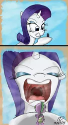 Size: 900x1637 | Tagged: safe, artist:made-in-donuts, banned from derpibooru, deleted from derpibooru, derpibooru import, rarity, spike, dragon, pony, female, giant pony, imminent vore, macro, male, mare, mawshot, micro, mouth, open mouth, revenge, uvula