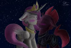 Size: 1280x853 | Tagged: suggestive, artist:jackmuir, banned from derpibooru, deleted from derpibooru, derpibooru import, fizzlepop berrytwist, princess celestia, tempest shadow, alicorn, pony, unicorn, my little pony: the movie, armor, blushing, broken horn, cute, eyes closed, female, horn, kissing, lesbian, making out, shipping, sloppy kissing, tempestia, toungue