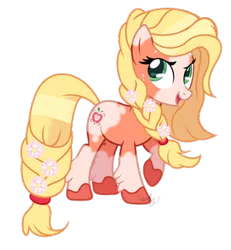 Size: 324x350 | Tagged: safe, banned from derpibooru, deleted from derpibooru, derpibooru import, applejack, earth pony, pony, leak, spoiler:g5, applejack (g5), braid, female, flower, flower in hair, g5, g5 to g4, mare, open mouth, raised eyebrow, raised hoof, reboot, simple background, smiling, transparent background, unshorn fetlocks