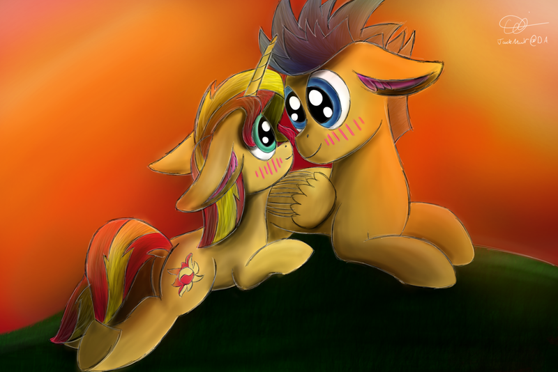 Size: 1024x683 | Tagged: safe, artist:jackmuir, banned from derpibooru, deleted from derpibooru, derpibooru import, flash sentry, sunset shimmer, pegasus, unicorn, blushing, female, flashimmer, floppy ears, male, mare, shipping, stallion, straight