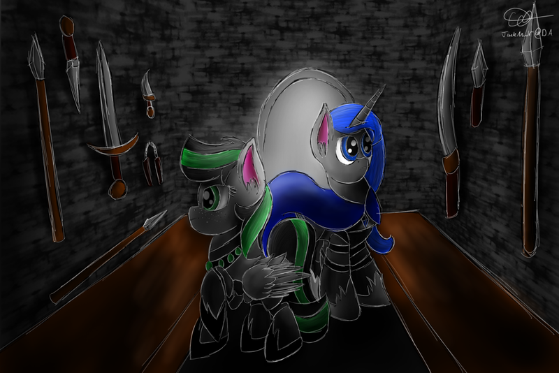 Size: 1024x683 | Tagged: safe, artist:jackmuir, banned from derpibooru, deleted from derpibooru, derpibooru import, oc, unofficial characters only, alicorn, pegasus, pony, armor, brick, cape, clothes, female, male, mare, stallion, sword, weapon